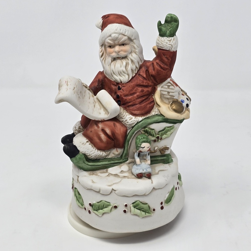 Vintage 1987 MANN Christmas Santa Sleigh Ceramic Music Box Figurine Hand Painted